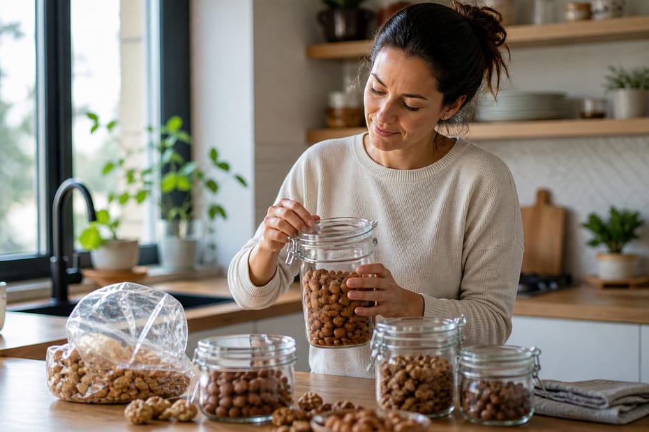 Persona guardando frutos secos en tarros de cristal herméticos en una cocina luminosa