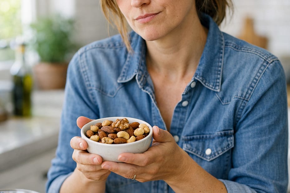 Persona reflexionando sobre una porción de frutos secos en una cocina luminosa, símbolo de una elección saludable.