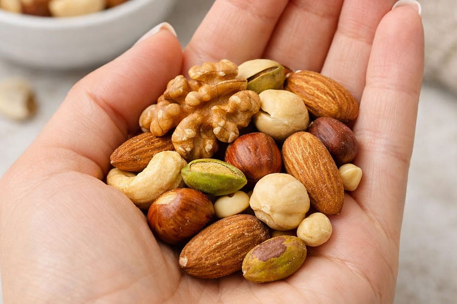 Ración de frutos secos de 30 gramos sobre una mano femenina, con mezcla de nueces, almendras, pistachos y avellanas naturales.